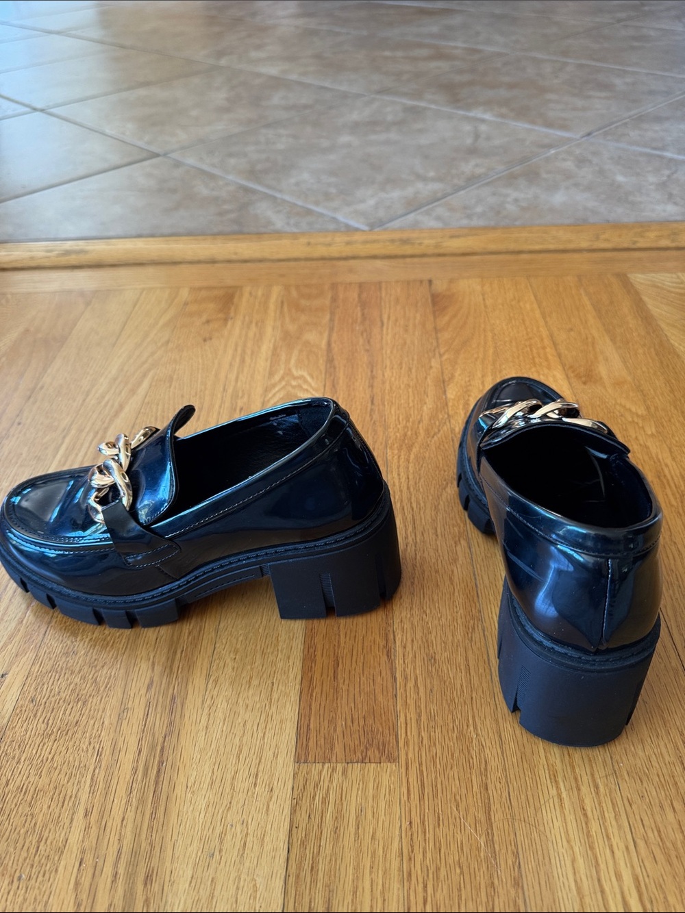 Patent Black Chunky Platform Mules with Gold Chain